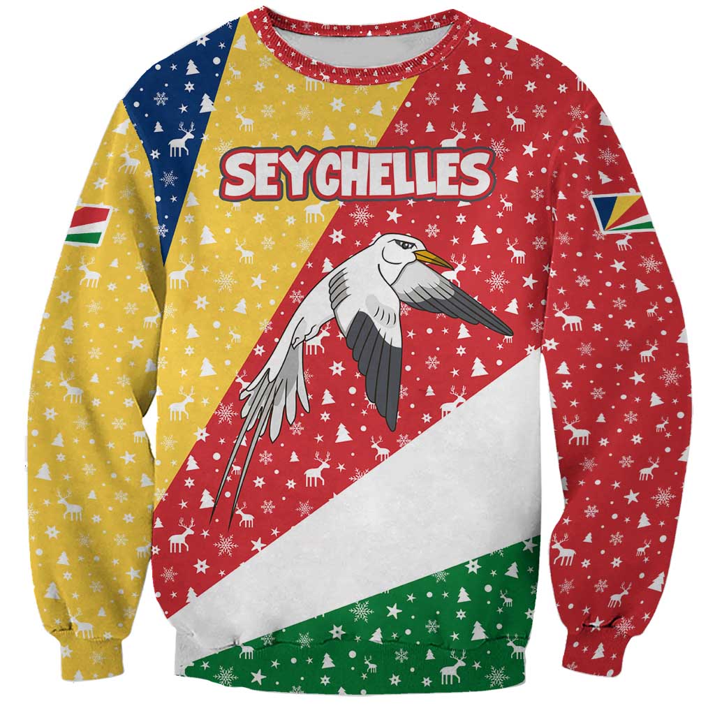 Seychelles Christmas Sweatshirt with Flag Colors Pattern, Tropical Bird Motif, and National Coat of Arms - Wonder Print Shop