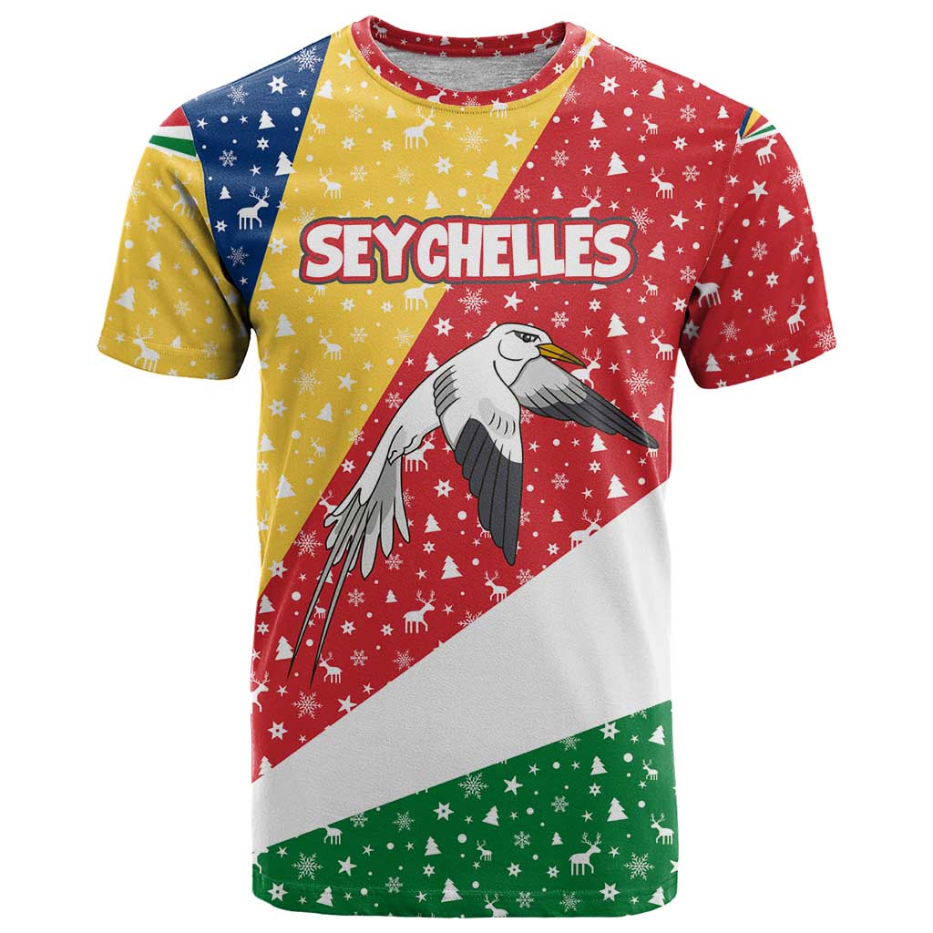 Seychelles Christmas T Shirt with Flag Colors Pattern, Tropical Bird Motif, and National Coat of Arms - Wonder Print Shop
