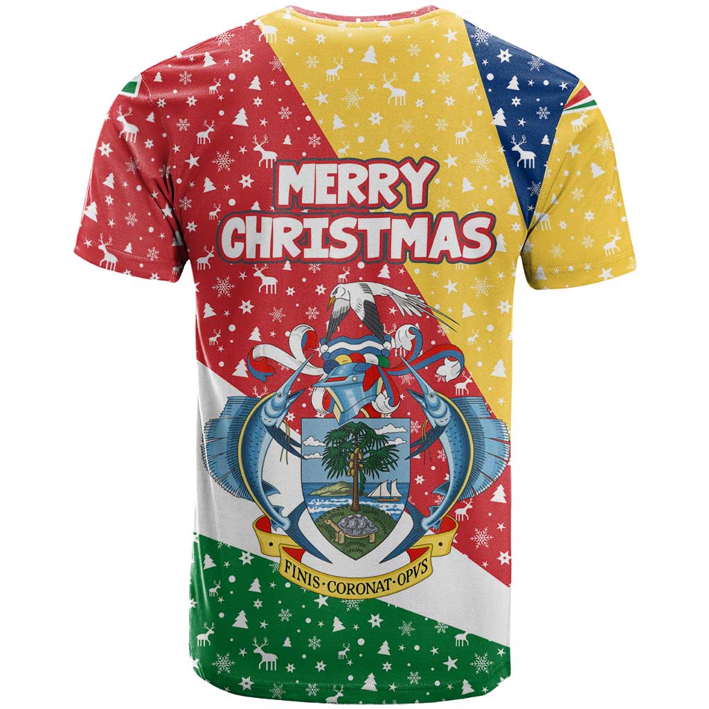 Seychelles Christmas T Shirt with Flag Colors Pattern, Tropical Bird Motif, and National Coat of Arms - Wonder Print Shop