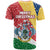 Seychelles Christmas T Shirt with Flag Colors Pattern, Tropical Bird Motif, and National Coat of Arms - Wonder Print Shop