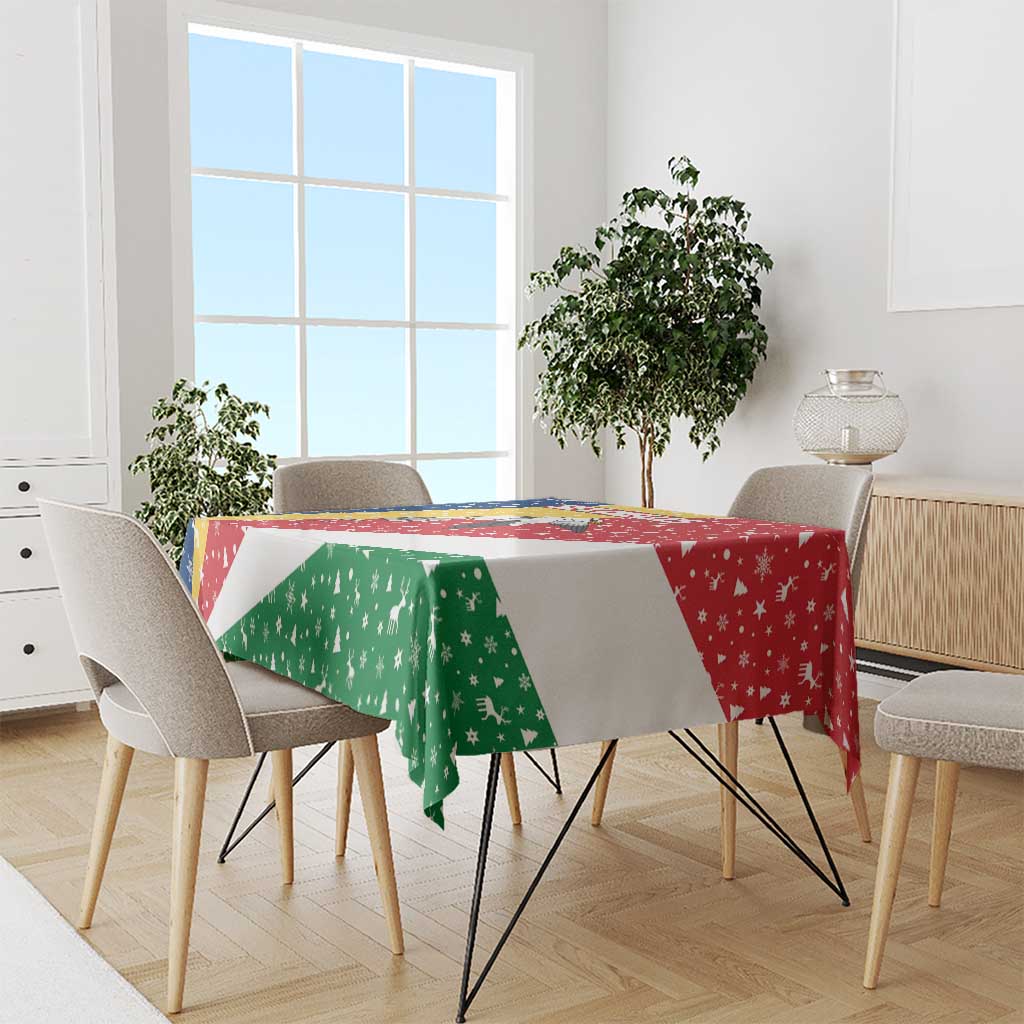 Seychelles Christmas Tablecloth with Flag Colors Pattern, Tropical Bird Motif, and National Coat of Arms - Wonder Print Shop