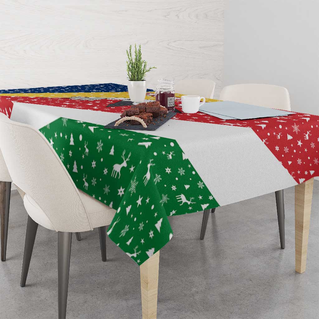 Seychelles Christmas Tablecloth with Flag Colors Pattern, Tropical Bird Motif, and National Coat of Arms - Wonder Print Shop