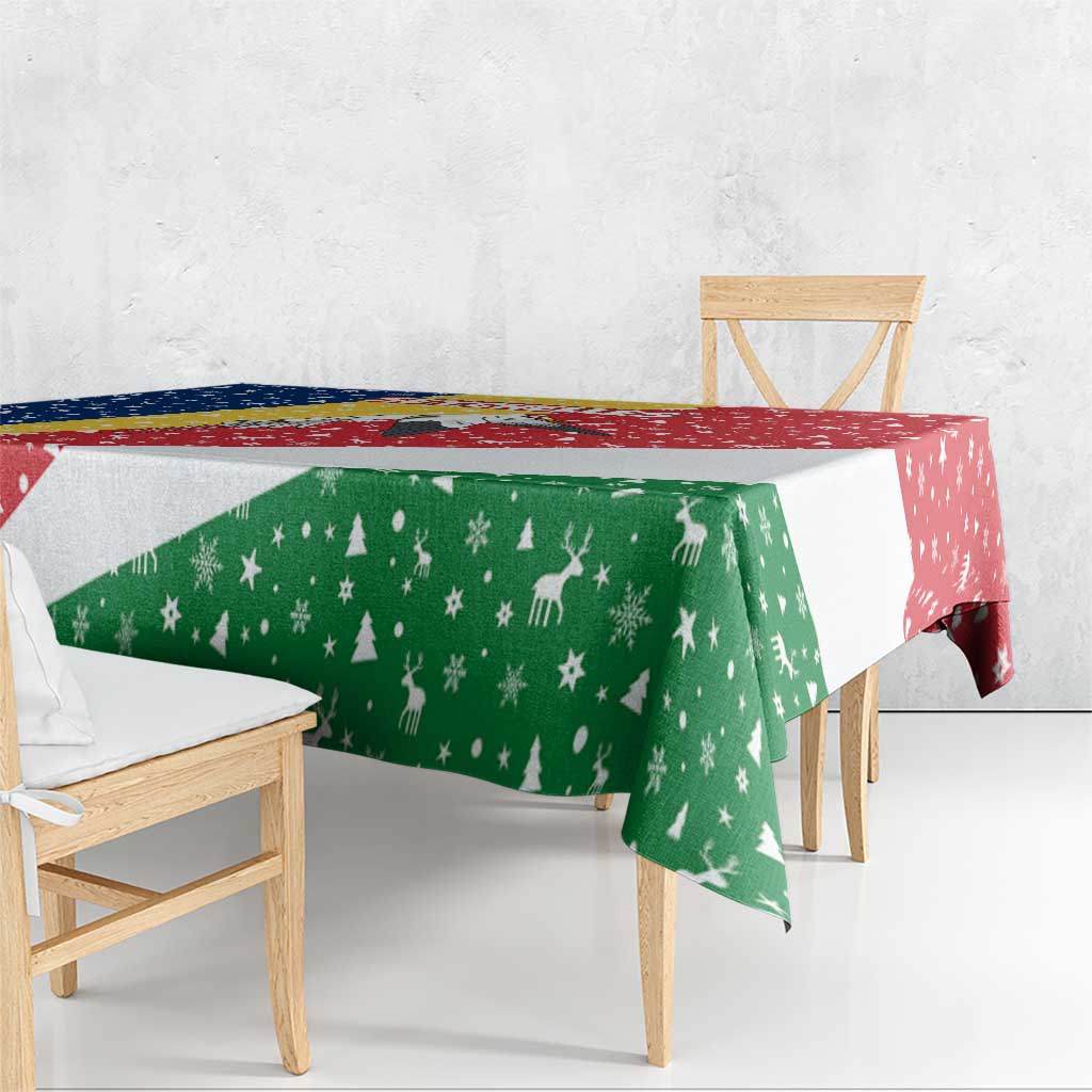 Seychelles Christmas Tablecloth with Flag Colors Pattern, Tropical Bird Motif, and National Coat of Arms - Wonder Print Shop