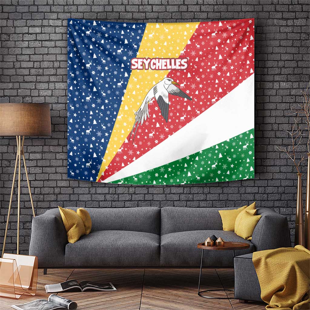 Seychelles Christmas Tapestry with Flag Colors Pattern, Tropical Bird Motif, and National Coat of Arms - Wonder Print Shop