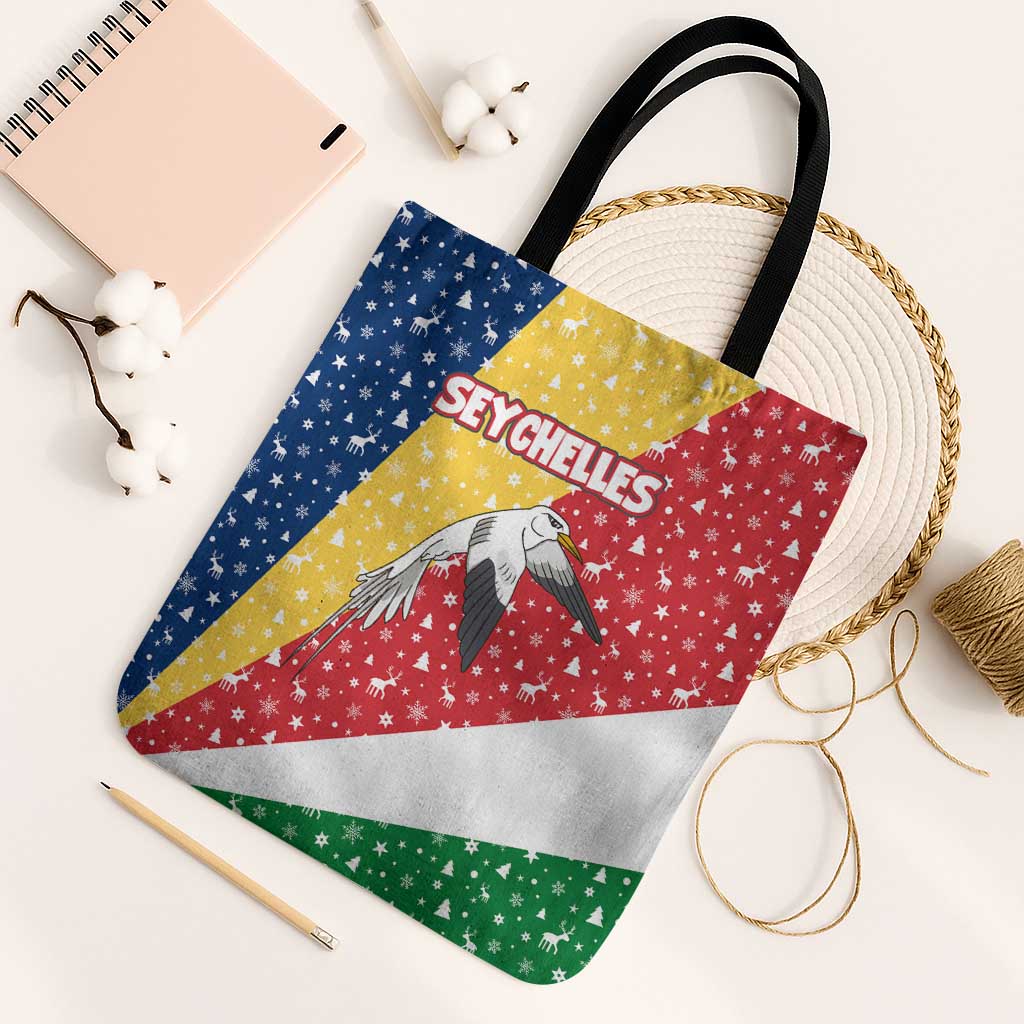 Seychelles Christmas Tote Bag with Flag Colors Pattern, Tropical Bird Motif, and National Coat of Arms - Wonder Print Shop