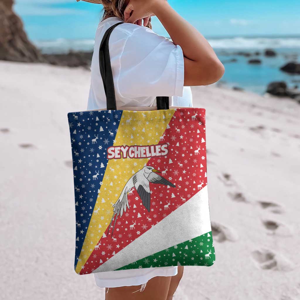 Seychelles Christmas Tote Bag with Flag Colors Pattern, Tropical Bird Motif, and National Coat of Arms - Wonder Print Shop
