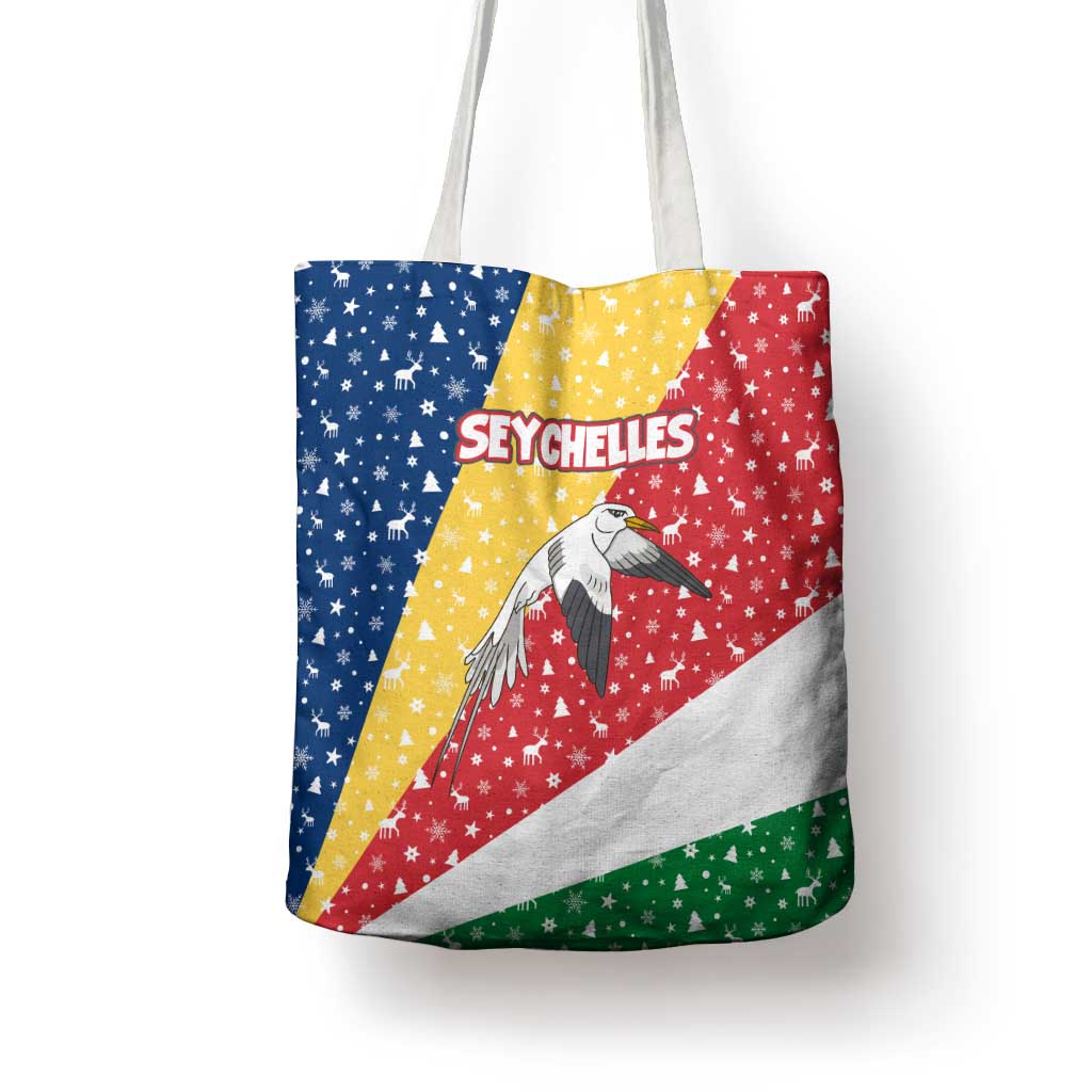 Seychelles Christmas Tote Bag with Flag Colors Pattern, Tropical Bird Motif, and National Coat of Arms - Wonder Print Shop