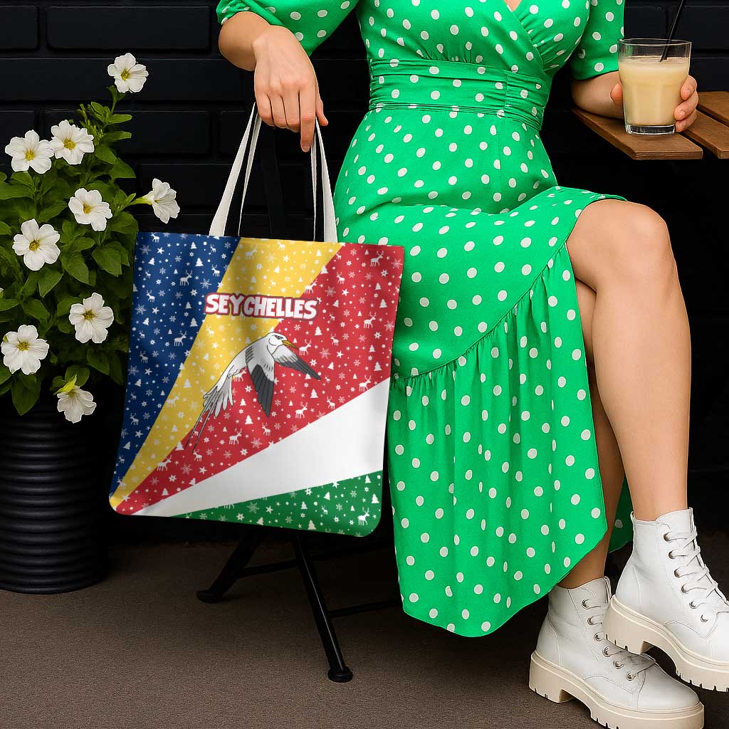 Seychelles Christmas Tote Bag with Flag Colors Pattern, Tropical Bird Motif, and National Coat of Arms - Wonder Print Shop