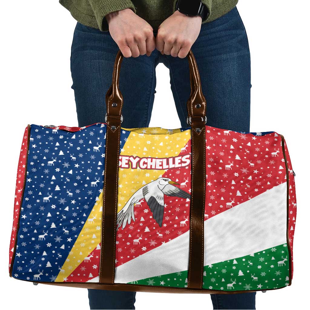 Seychelles Christmas Travel Bag with Flag Colors Pattern, Tropical Bird Motif, and National Coat of Arms - Wonder Print Shop