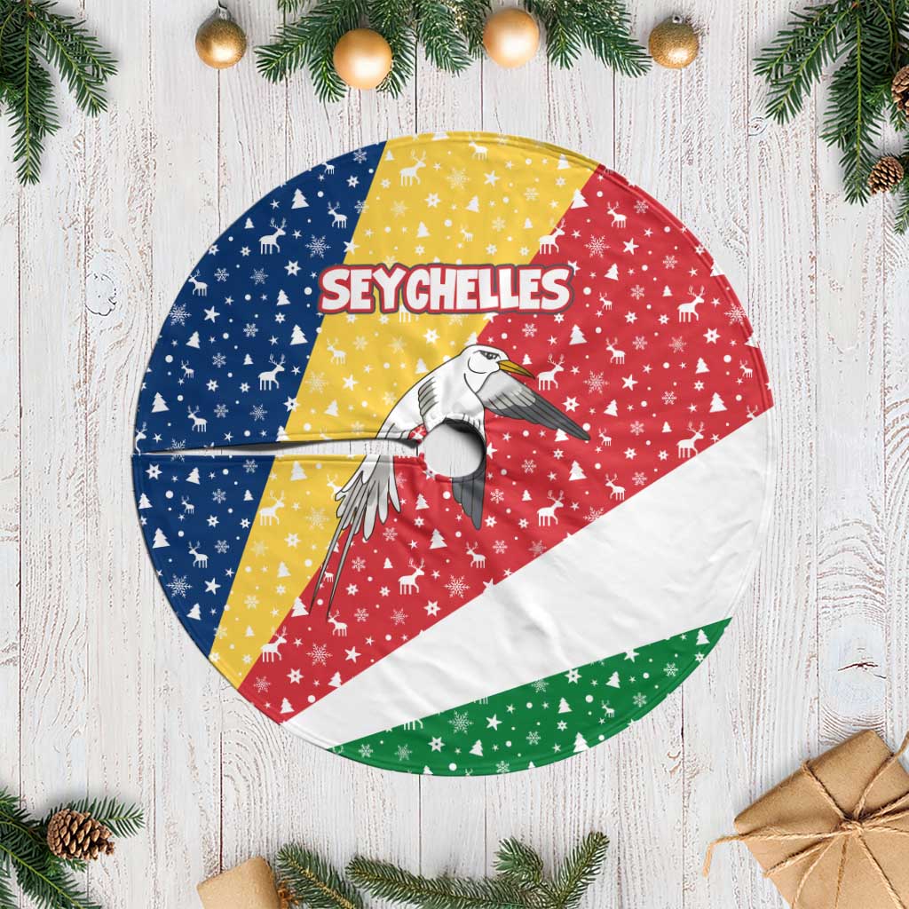 Seychelles Christmas Tree Skirt with Flag Colors Pattern, Tropical Bird Motif, and National Coat of Arms - Wonder Print Shop