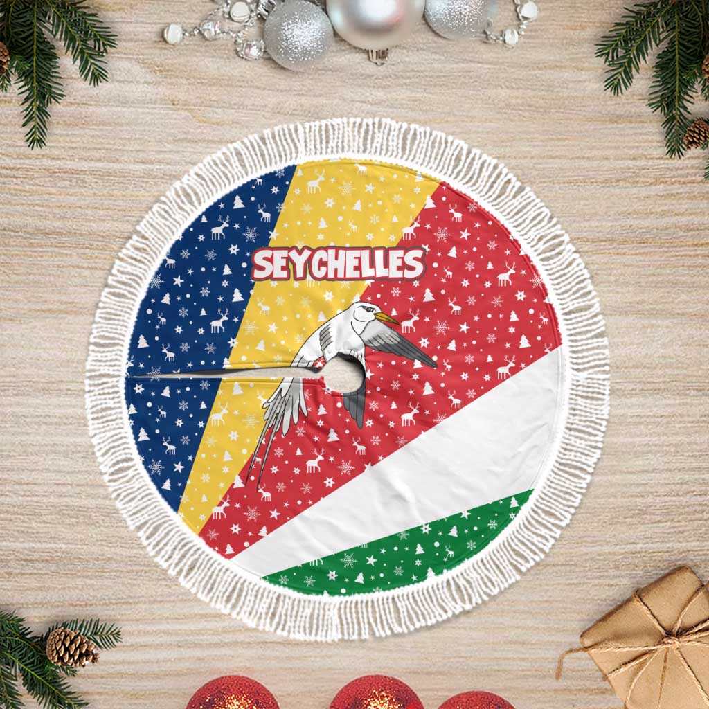 Seychelles Christmas Tree Skirt with Flag Colors Pattern, Tropical Bird Motif, and National Coat of Arms - Wonder Print Shop