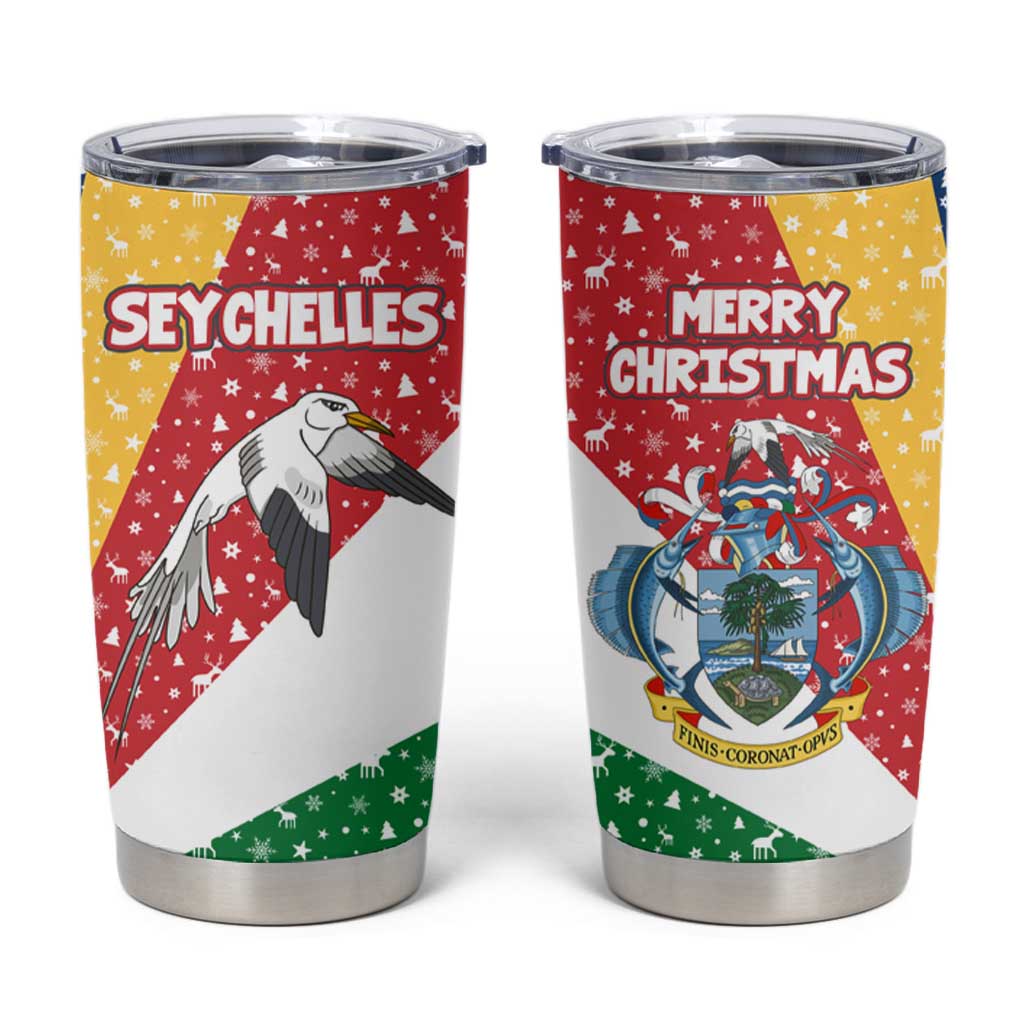 Seychelles Christmas Tumbler Cup with Flag Colors Pattern, Tropical Bird Motif, and National Coat of Arms - Wonder Print Shop