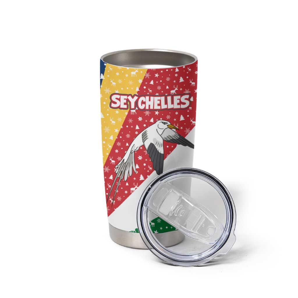 Seychelles Christmas Tumbler Cup with Flag Colors Pattern, Tropical Bird Motif, and National Coat of Arms - Wonder Print Shop