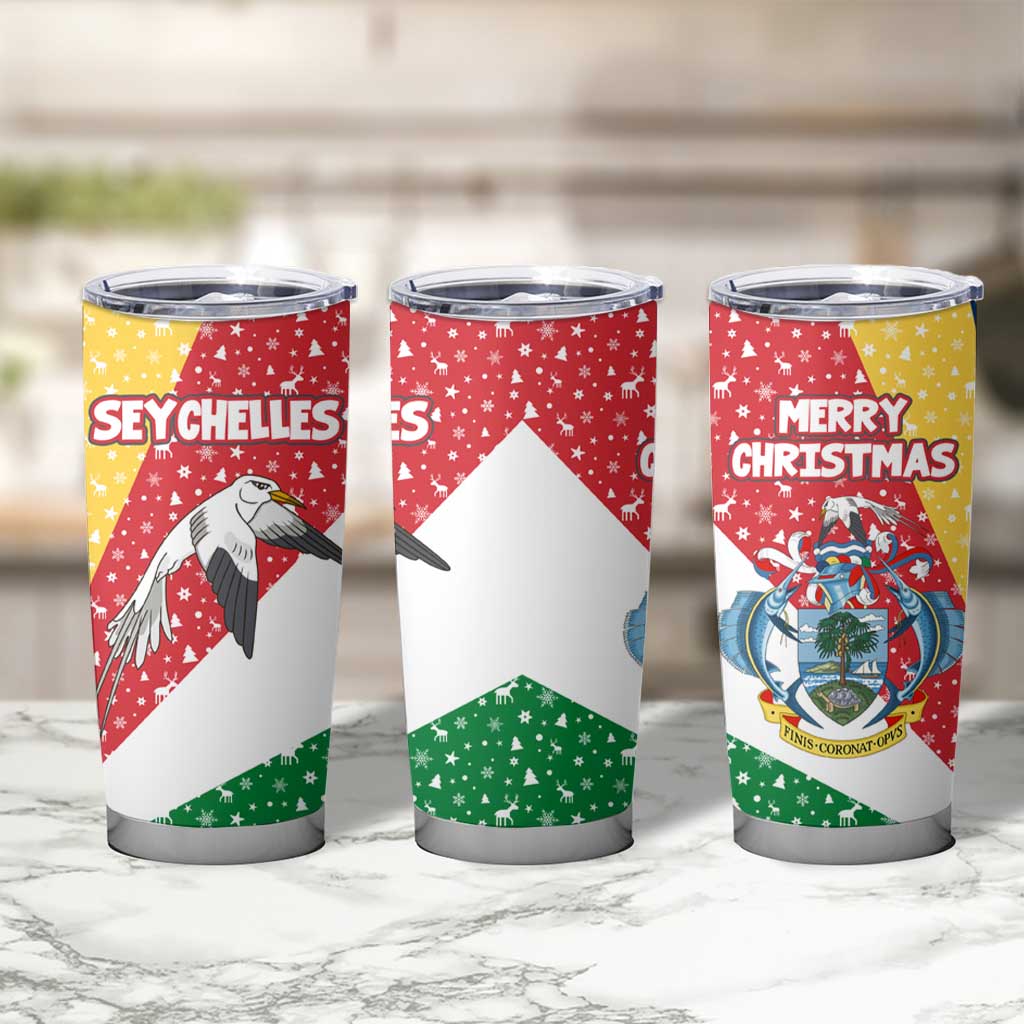 Seychelles Christmas Tumbler Cup with Flag Colors Pattern, Tropical Bird Motif, and National Coat of Arms - Wonder Print Shop