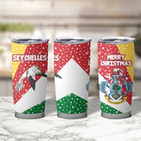 Seychelles Christmas Tumbler Cup with Flag Colors Pattern, Tropical Bird Motif, and National Coat of Arms - Wonder Print Shop