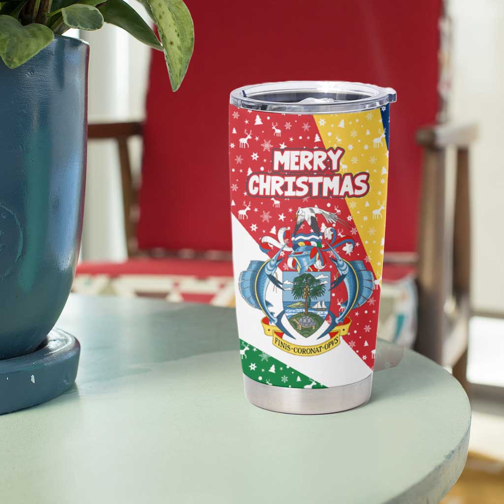 Seychelles Christmas Tumbler Cup with Flag Colors Pattern, Tropical Bird Motif, and National Coat of Arms - Wonder Print Shop