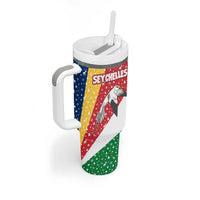 Seychelles Christmas Tumbler With Handle with Flag Colors Pattern, Tropical Bird Motif, and National Coat of Arms - Wonder Print Shop