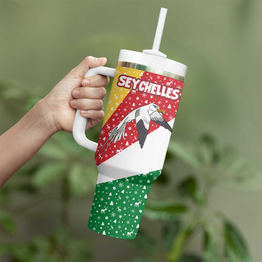 Seychelles Christmas Tumbler With Handle with Flag Colors Pattern, Tropical Bird Motif, and National Coat of Arms - Wonder Print Shop