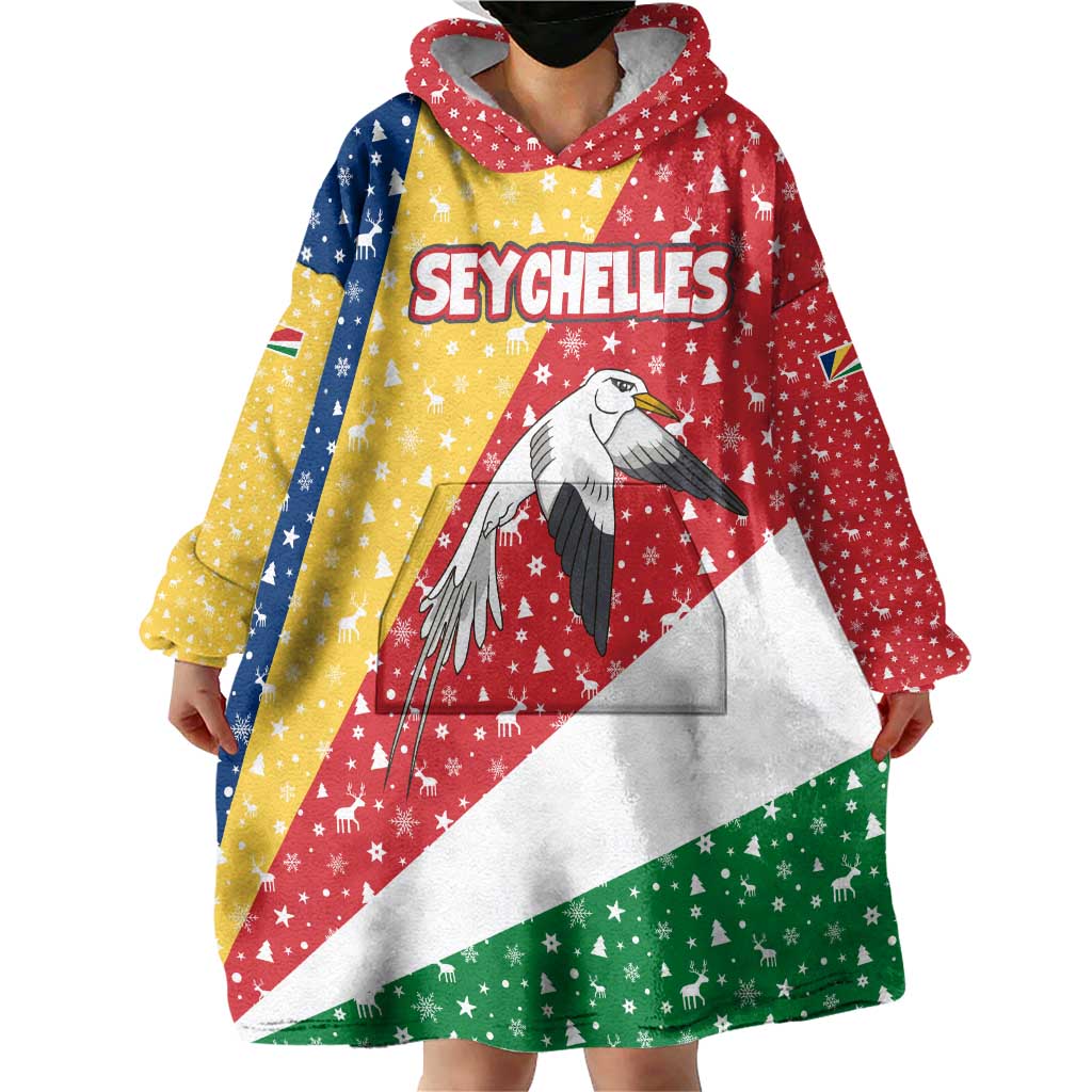 Seychelles Christmas Wearable Blanket Hoodie with Flag Colors Pattern, Tropical Bird Motif, and National Coat of Arms - Wonder Print Shop