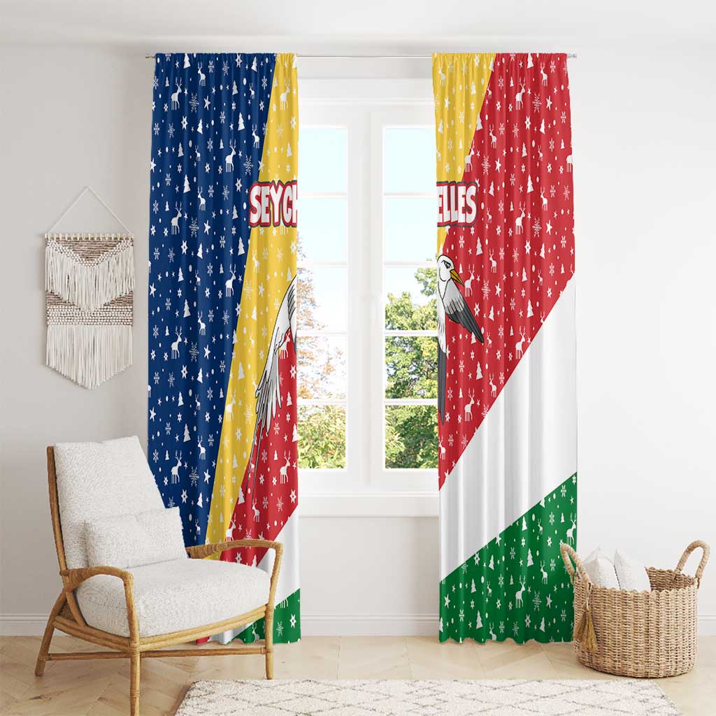 Seychelles Christmas Window Curtain with Flag Colors Pattern, Tropical Bird Motif, and National Coat of Arms - Wonder Print Shop