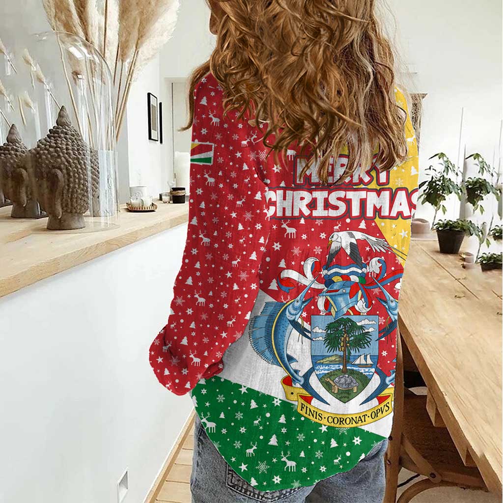 Seychelles Christmas Women Casual Shirt with Flag Colors Pattern, Tropical Bird Motif, and National Coat of Arms - Wonder Print Shop