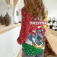 Seychelles Christmas Women Casual Shirt with Flag Colors Pattern, Tropical Bird Motif, and National Coat of Arms - Wonder Print Shop