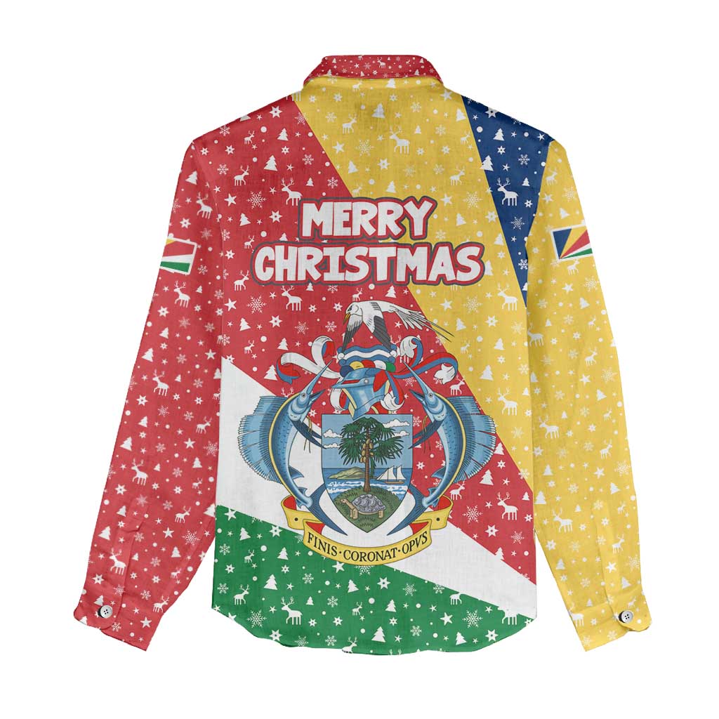 Seychelles Christmas Women Casual Shirt with Flag Colors Pattern, Tropical Bird Motif, and National Coat of Arms - Wonder Print Shop