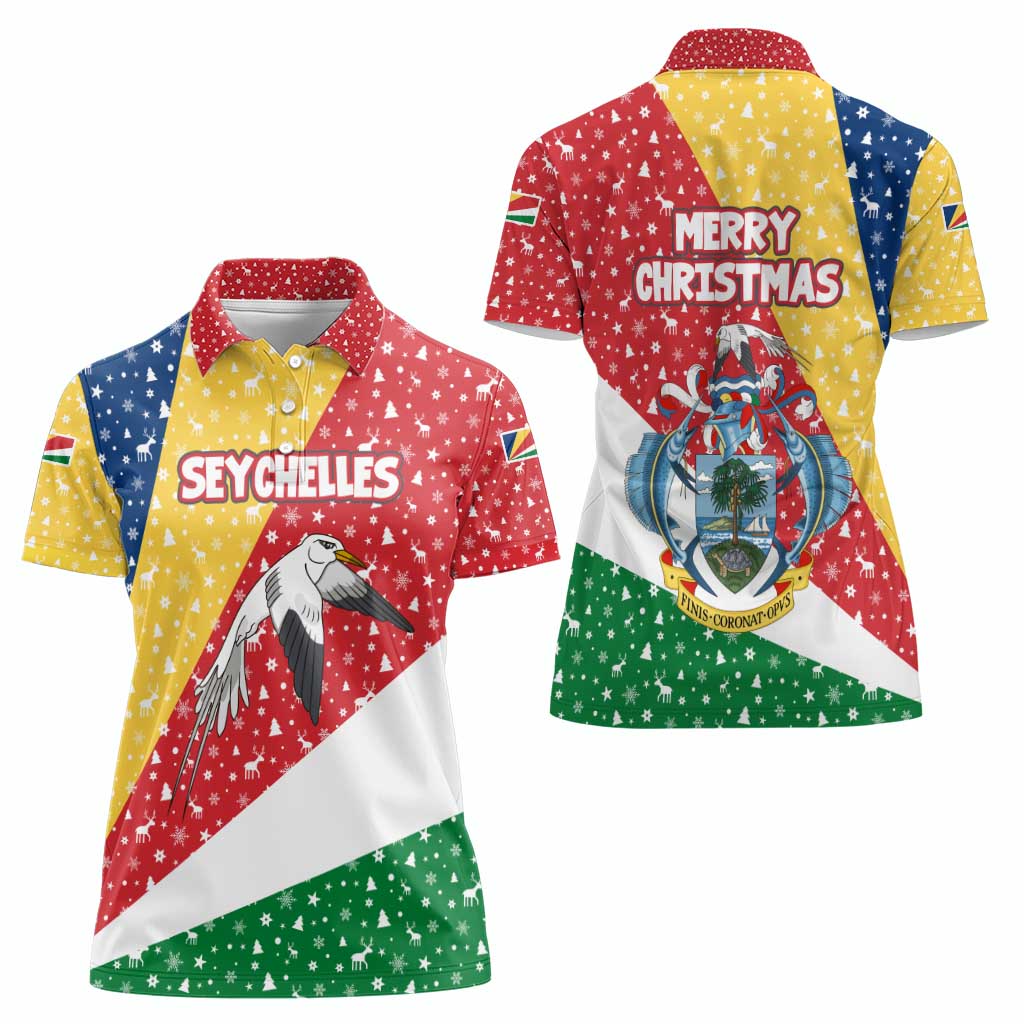 Seychelles Christmas Women Polo Shirt with Flag Colors Pattern, Tropical Bird Motif, and National Coat of Arms - Wonder Print Shop
