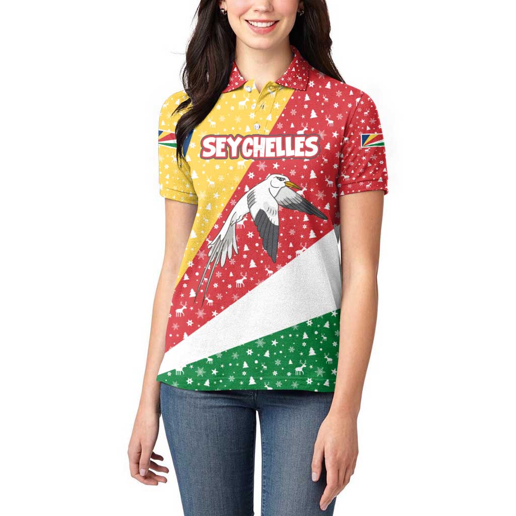 Seychelles Christmas Women Polo Shirt with Flag Colors Pattern, Tropical Bird Motif, and National Coat of Arms - Wonder Print Shop