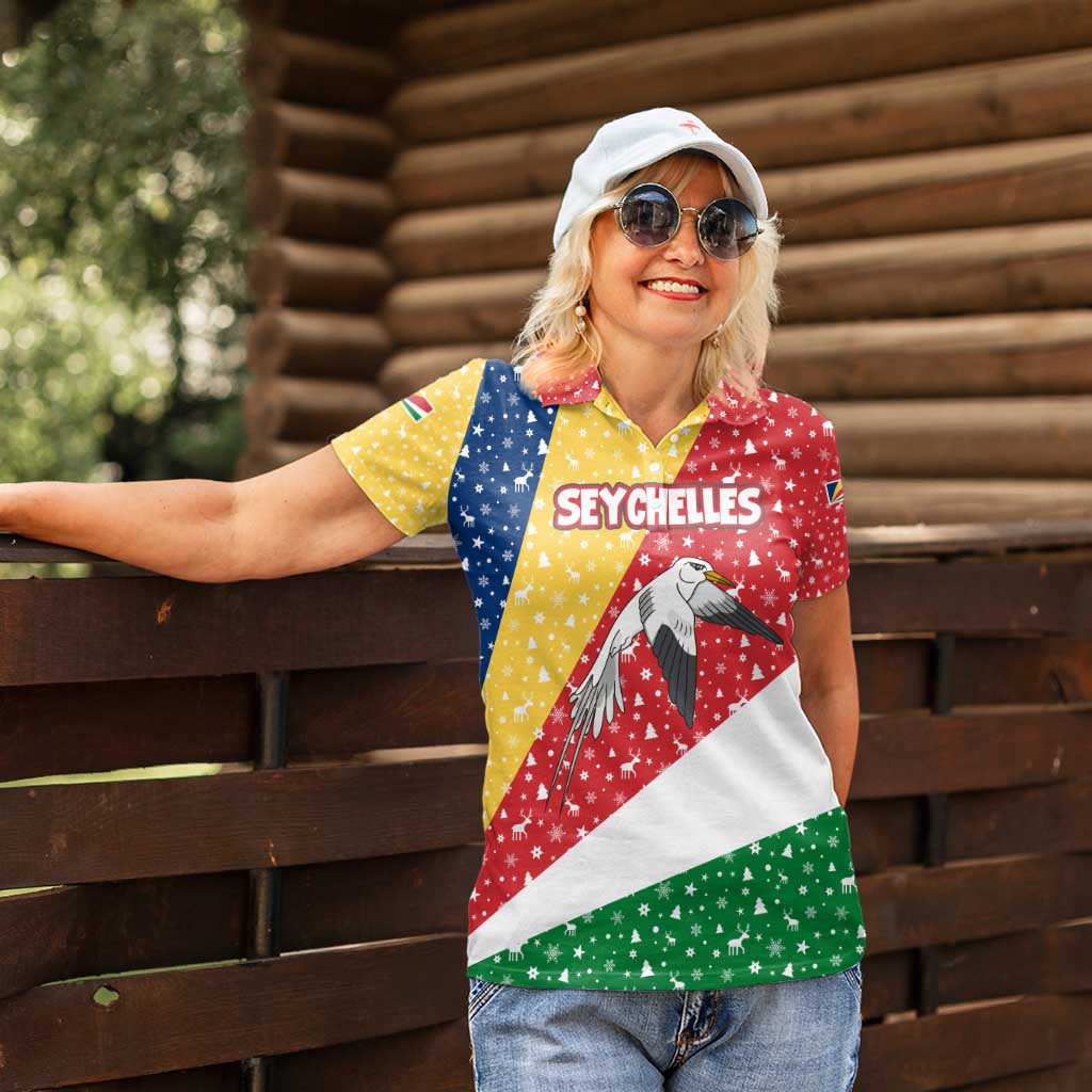 Seychelles Christmas Women Polo Shirt with Flag Colors Pattern, Tropical Bird Motif, and National Coat of Arms - Wonder Print Shop