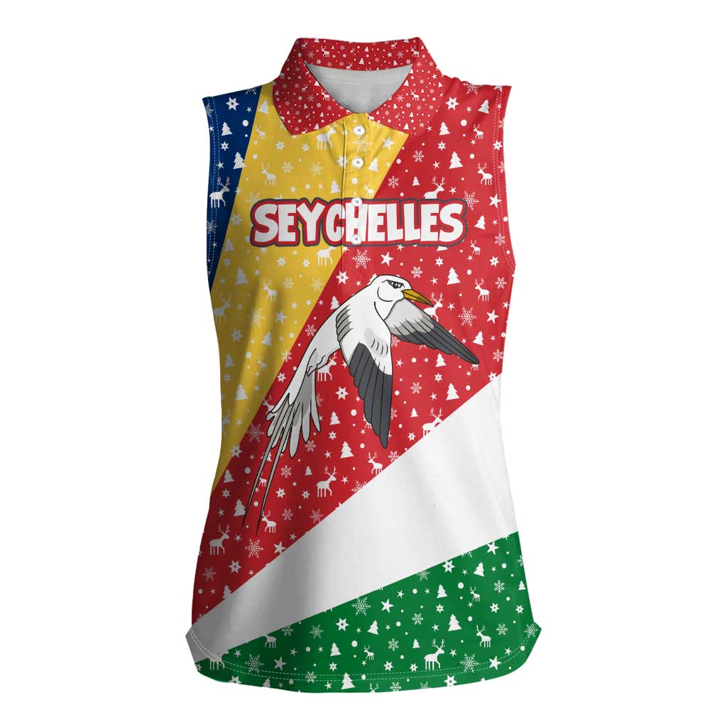 Seychelles Christmas Women Sleeveless Polo Shirt with Flag Colors Pattern, Tropical Bird Motif, and National Coat of Arms - Wonder Print Shop
