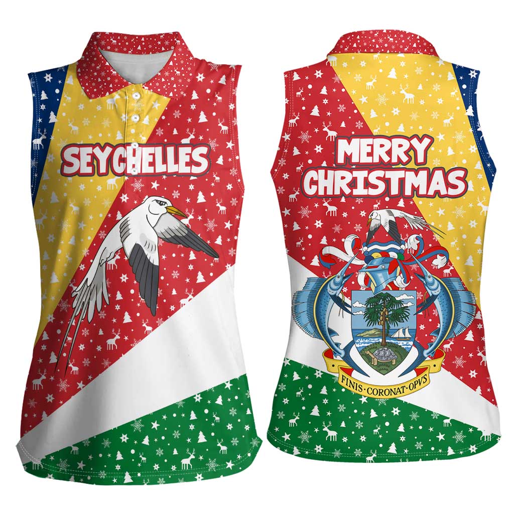 Seychelles Christmas Women Sleeveless Polo Shirt with Flag Colors Pattern, Tropical Bird Motif, and National Coat of Arms - Wonder Print Shop