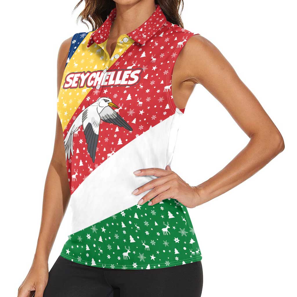 Seychelles Christmas Women Sleeveless Polo Shirt with Flag Colors Pattern, Tropical Bird Motif, and National Coat of Arms - Wonder Print Shop