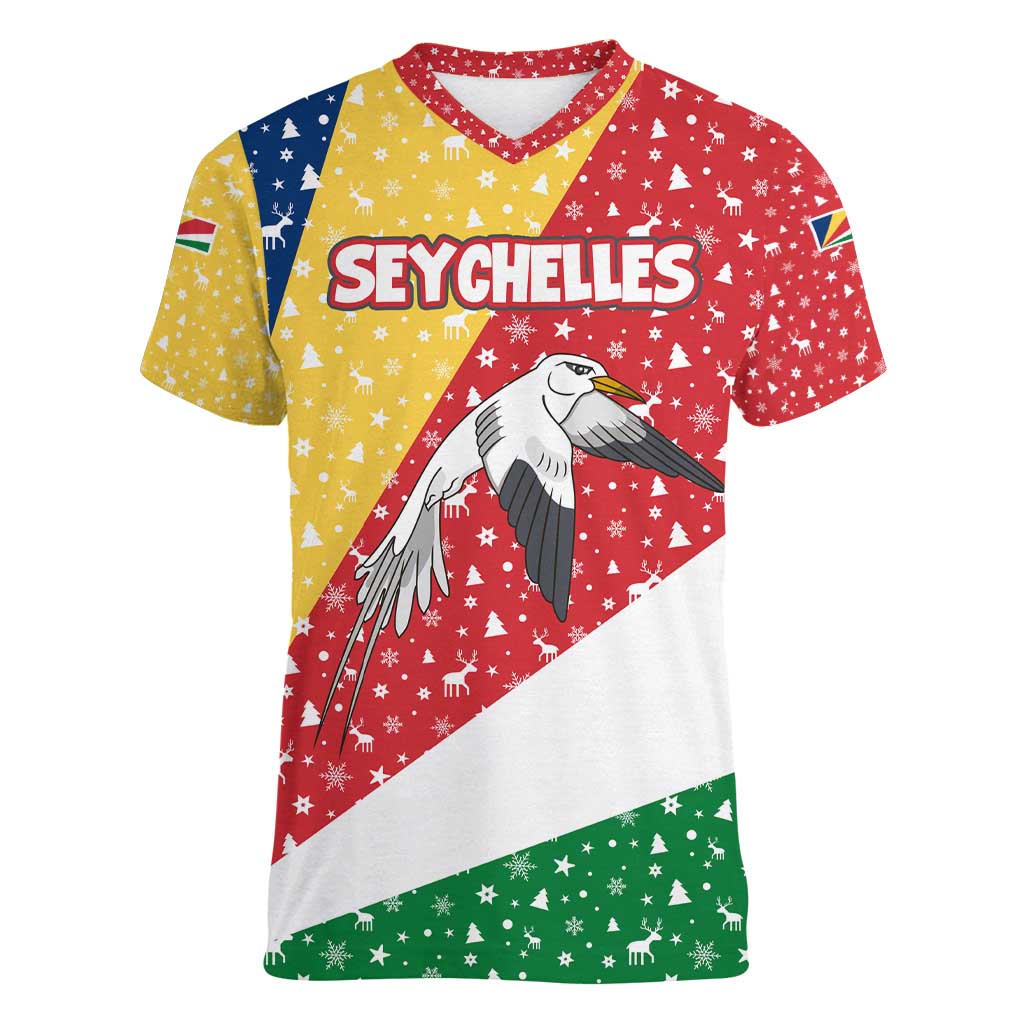 Seychelles Christmas Women V-Neck T-Shirt with Flag Colors Pattern, Tropical Bird Motif, and National Coat of Arms - Wonder Print Shop