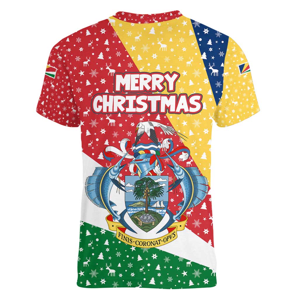 Seychelles Christmas Women V-Neck T-Shirt with Flag Colors Pattern, Tropical Bird Motif, and National Coat of Arms - Wonder Print Shop