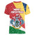 Seychelles Christmas Women V-Neck T-Shirt with Flag Colors Pattern, Tropical Bird Motif, and National Coat of Arms - Wonder Print Shop
