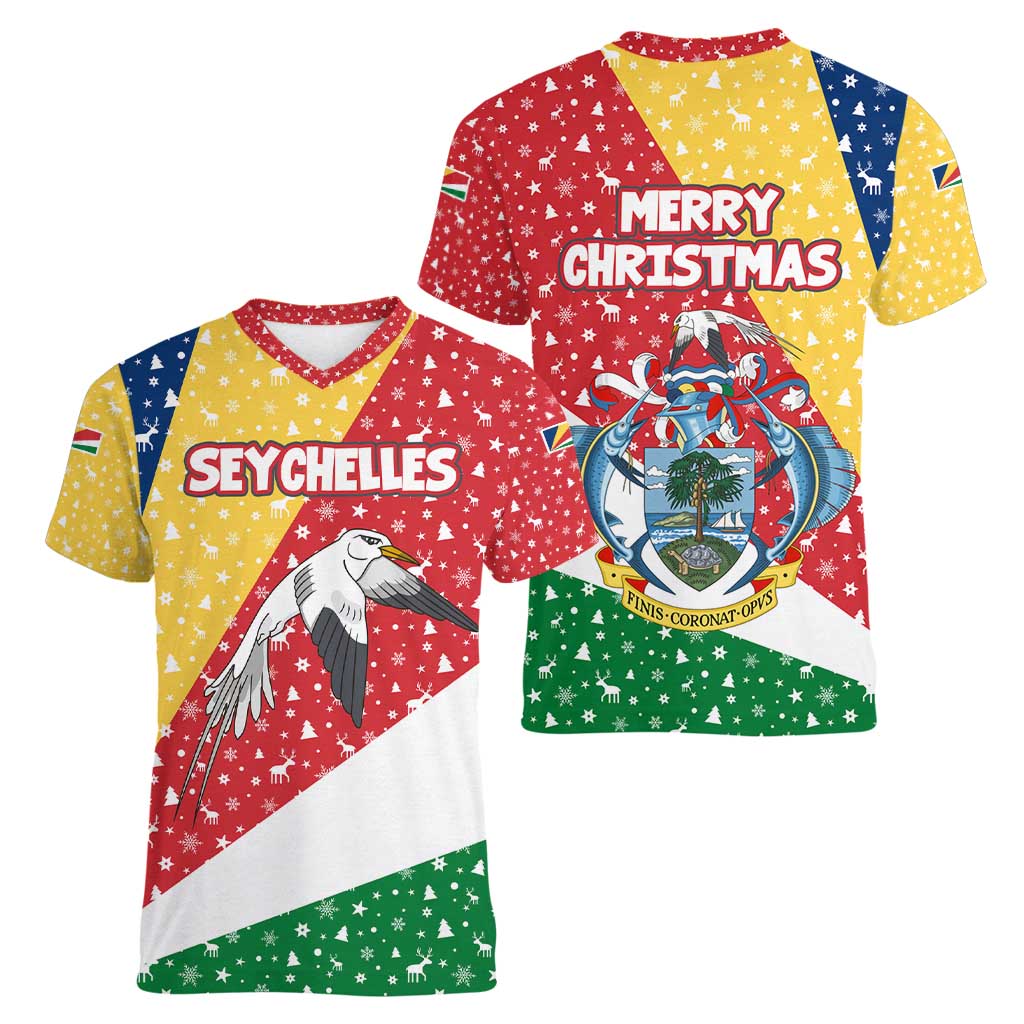Seychelles Christmas Women V-Neck T-Shirt with Flag Colors Pattern, Tropical Bird Motif, and National Coat of Arms - Wonder Print Shop