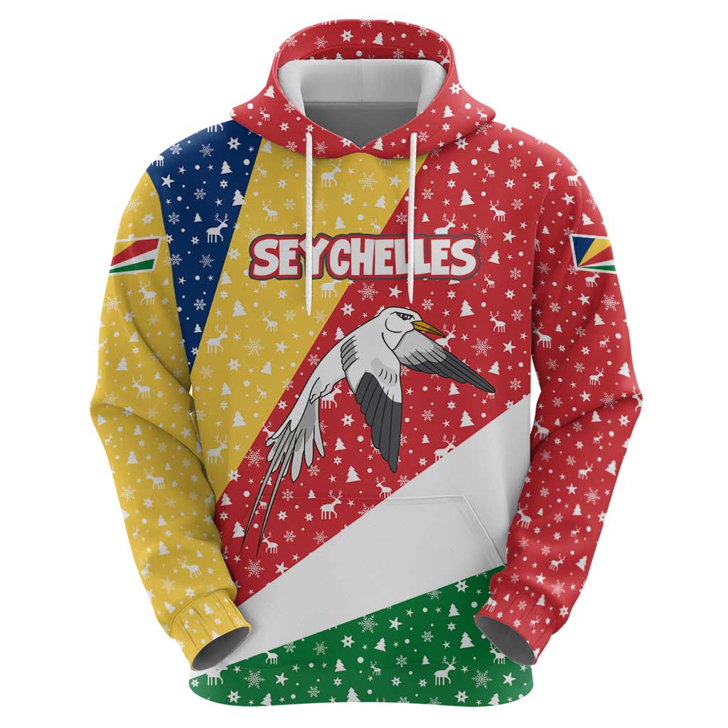Seychelles Christmas Zip Hoodie with Flag Colors Pattern, Tropical Bird Motif, and National Coat of Arms - Wonder Print Shop