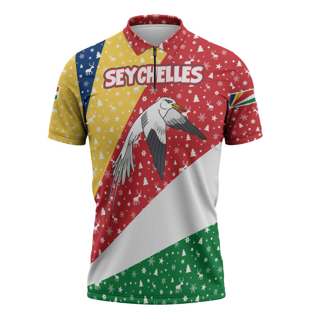 Seychelles Christmas Zipper Polo Shirt with Flag Colors Pattern, Tropical Bird Motif, and National Coat of Arms - Wonder Print Shop