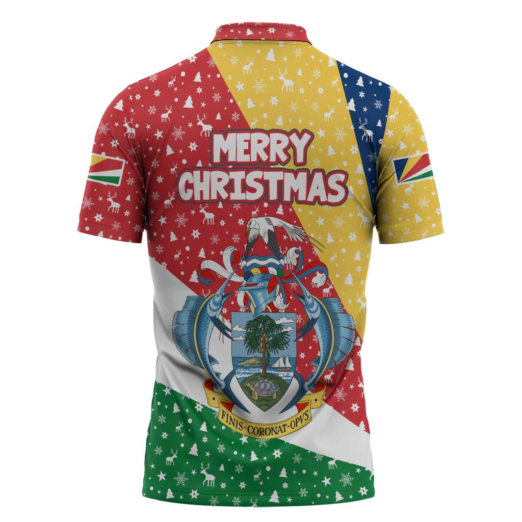 Seychelles Christmas Zipper Polo Shirt with Flag Colors Pattern, Tropical Bird Motif, and National Coat of Arms - Wonder Print Shop