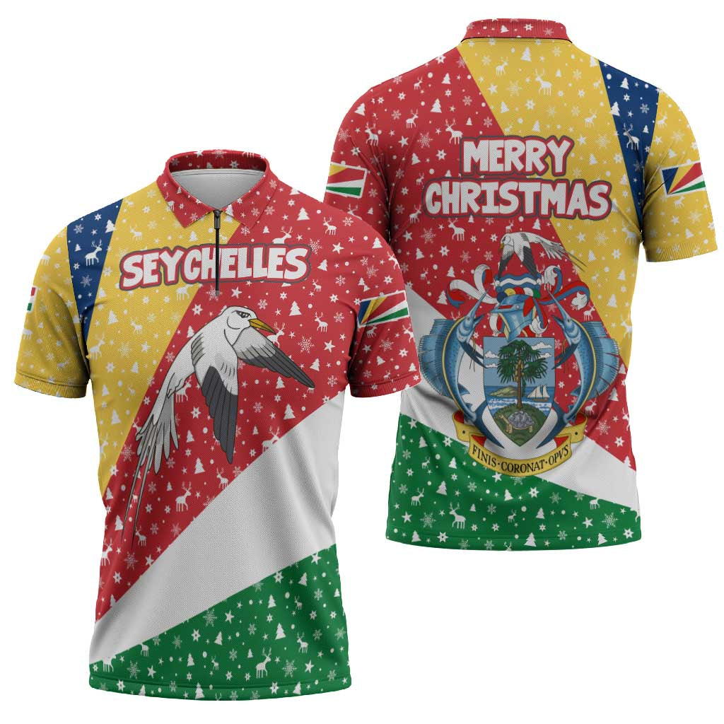 Seychelles Christmas Zipper Polo Shirt with Flag Colors Pattern, Tropical Bird Motif, and National Coat of Arms - Wonder Print Shop