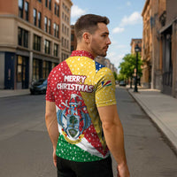Seychelles Christmas Zipper Polo Shirt with Flag Colors Pattern, Tropical Bird Motif, and National Coat of Arms - Wonder Print Shop