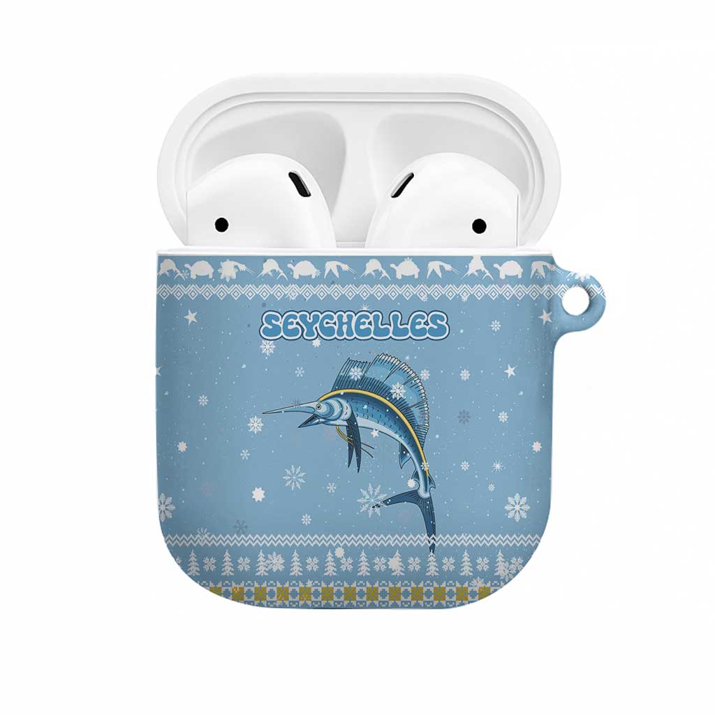 Seychelles Christmas AirPods Case with Ocean Blue Pattern, Marlin Fish Artwork, and Surfing Santa Motif - Wonder Print Shop
