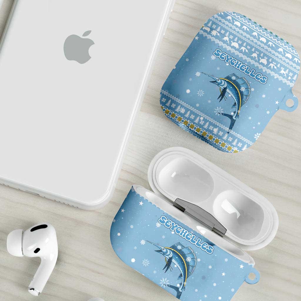 Seychelles Christmas AirPods Case with Ocean Blue Pattern, Marlin Fish Artwork, and Surfing Santa Motif - Wonder Print Shop