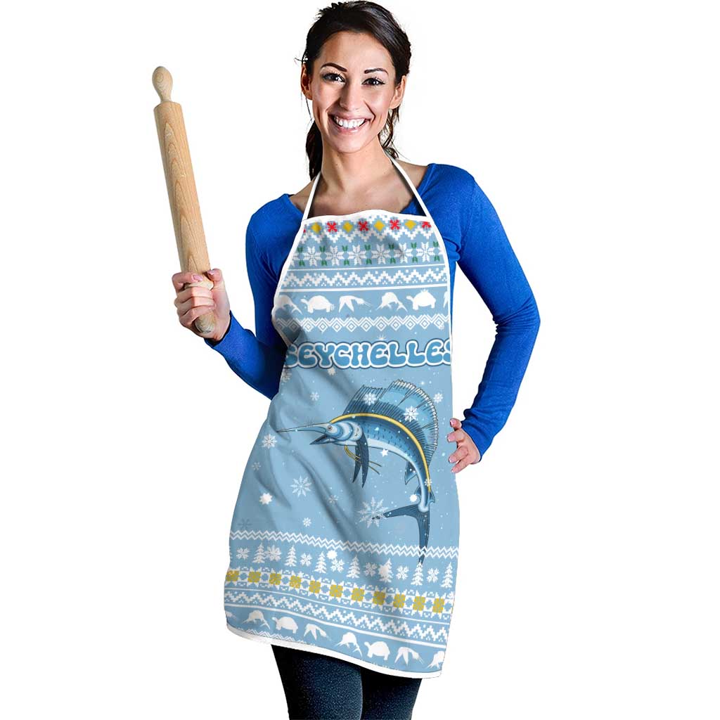 Seychelles Christmas Apron with Ocean Blue Pattern, Marlin Fish Artwork, and Surfing Santa Motif - Wonder Print Shop