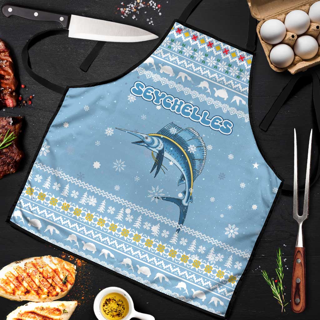 Seychelles Christmas Apron with Ocean Blue Pattern, Marlin Fish Artwork, and Surfing Santa Motif - Wonder Print Shop