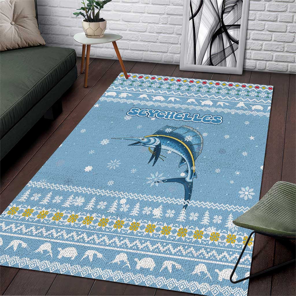 Seychelles Christmas Area Rug with Ocean Blue Pattern, Marlin Fish Artwork, and Surfing Santa Motif - Wonder Print Shop