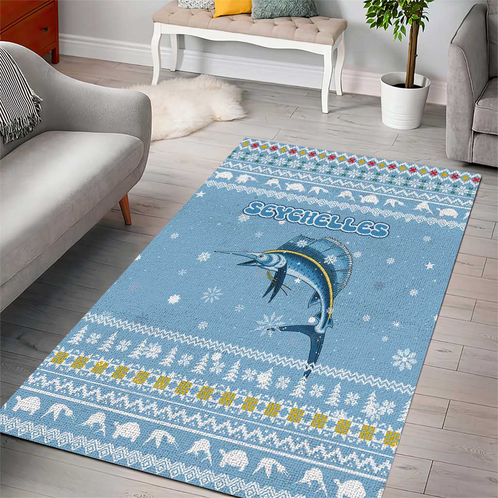 Seychelles Christmas Area Rug with Ocean Blue Pattern, Marlin Fish Artwork, and Surfing Santa Motif - Wonder Print Shop
