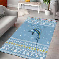 Seychelles Christmas Area Rug with Ocean Blue Pattern, Marlin Fish Artwork, and Surfing Santa Motif - Wonder Print Shop