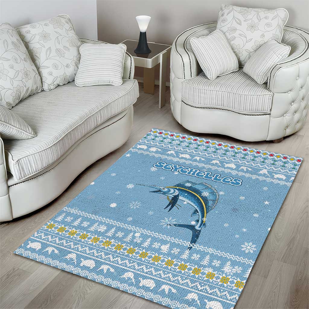 Seychelles Christmas Area Rug with Ocean Blue Pattern, Marlin Fish Artwork, and Surfing Santa Motif - Wonder Print Shop